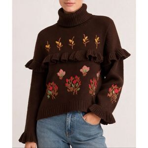 Zara brown floral embroidered ruffled crop sweater size medium